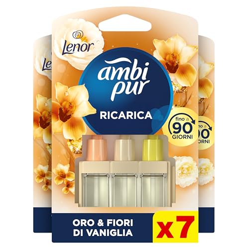 Ambi Pur 3Volution Profumatore per Ambienti, 7 Ricariche per Diffurore Elettrico, Fragranza Oro E Fiori Di Vaniglia, tecnologia Elimina Odori, Fino a 90 Giorni di Profumo per Ricarica