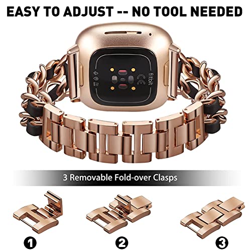Stainless Steel Bands Compatible For Fitbit Versa 4/Fitbit Sense 2 Smartwatch With Bling Case Cover,Chic Leather Metal Wristband Accessories Strap For Women Girls Bracelet (Rose Gold, Versa 3/Sense) #TOP2