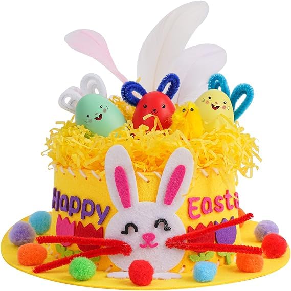 DIELIANHUA Kit de gorro de Páscoa, chapéu de Páscoa, faça as suas próprias decorações de Páscoa, com pintos, coelho, ovos, ninhos, flor, artesanato de Páscoa para crianças, não tecido (amarelo