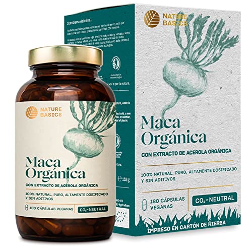 Nature Basics® Organic Maca certificado y sostenible en un tarro | 180 cápsulas veganas | 3000mg de polvo de Maca y 12mg de vitamina C natural por dosis diaria | puro, sin aditivos y sin CO2
