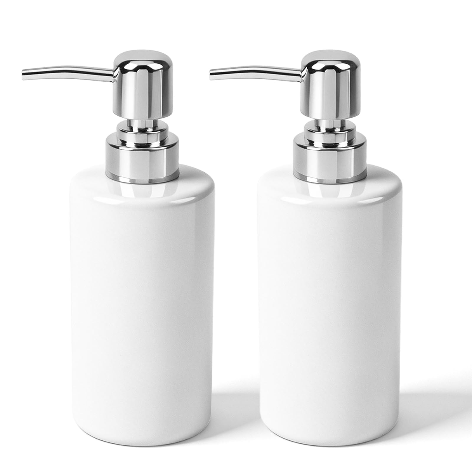 2Pcs Soap Dispenser,300ml Ceramic Cylindrical Bottle with Long Spout – Rustproof Pump, Refillable, Sturdy – Versatile for Shampoo, Lotion, Bath Milk, Dish Soap – Bathroom & Kitchen (White)