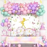 Hombae Fairy Birthday Decorations, Fairy Wonderland Party Supplies Backdrop Balloon Garland Banner Tablecloth Cake Cupcake Topper Plate Napkin Cup Straw Knife Spoon Fork Floral