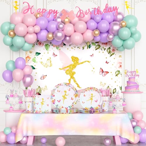Hombae Fairy Birthday Decorations, Fairy Wonderland Party Supplies Backdrop Balloon Garland Banner Tablecloth Cake Cupcake Topper Plate Napkin Cup Straw Knife Spoon Fork Floral