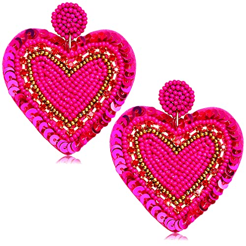 CEALXHENY Valentine’s Beaded Heart Earrings for Women Rhinestone Love Heart Drop Dangle Earrings Statement Red Bead Earring Valentine’s Day Gifts (Rose Red)