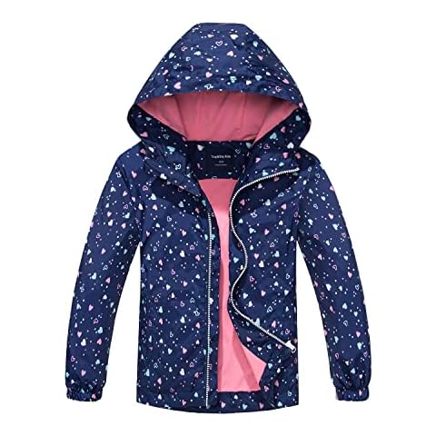 MGEOY Girls Rain Jacket Lightweight Waterproof Hooded Cotton Lined Raincoat Windbreaker for Kids Navy 7/8 Cover