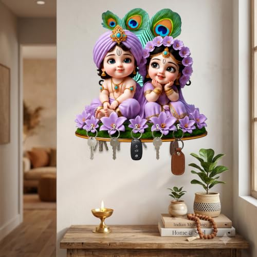 Image of Radha Krishna Wall Key Holder with 5 Hooks (Purple)