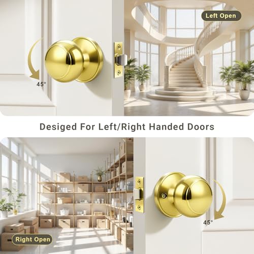 KNOBWELL 5 Pack Passage Door Knob for Hallway or Closet, Round Interior Door Knobs, Indoor Door Knob, Keyless Door Door Handle Lock, Polished Brass by KNOBWELL - Image 4