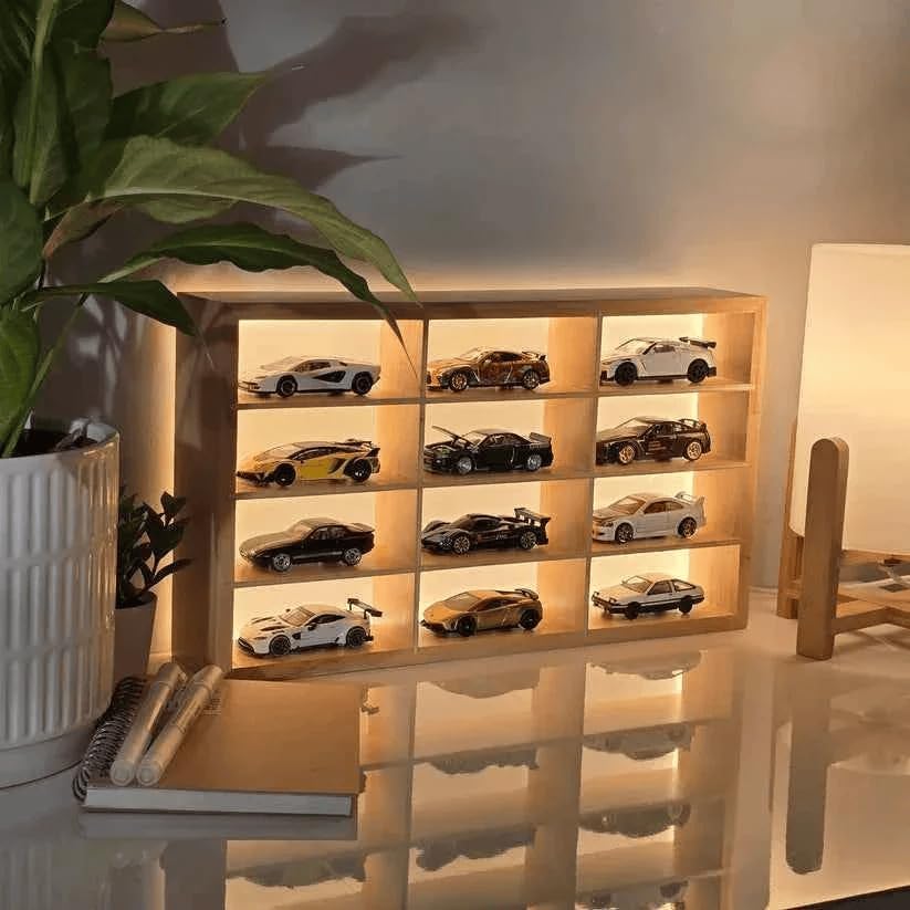 Image of FANCY THINGS Wooden Diecast Car Display Case with LED Lights - 12 Slot 1:64 Scale Model Car Organizer, Mini Vehicle Showcase Shelf for Collectors & Car Lovers, Diecast Cars Included WC