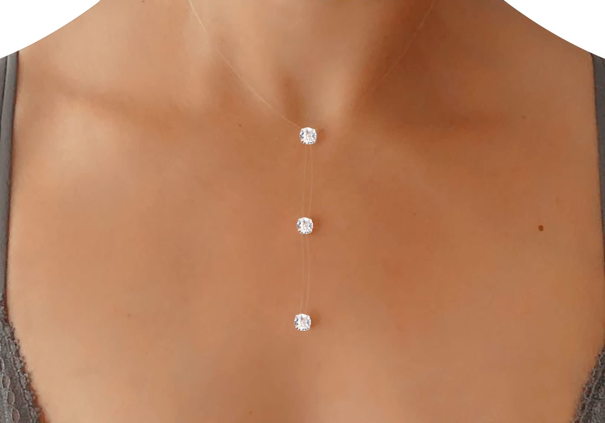 Collier invisible Triple Solitaire 6mm - Argent 925 - Fil nylon pêche transparent - Personnalisable - Réglable