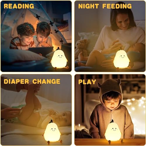 Image of MoonlitDreams Cute Pear Night Lamp for Kids | Rechargeable Silicone Night Light | Soft LED Bedside Lamp for Baby, Girls | Gift for Sister & Bedroom Decor