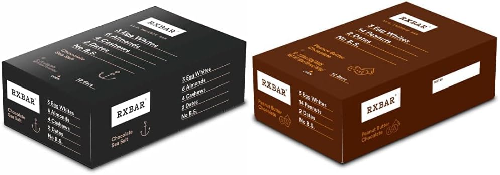 Protein Bars, 12g Protein, Chocolate Sea Salt, 22oz Box (12 Bars) + RXBAR Protein Bars, 12g Protein, Peanut Butter Chocolate, 22oz Box (12 Bars)