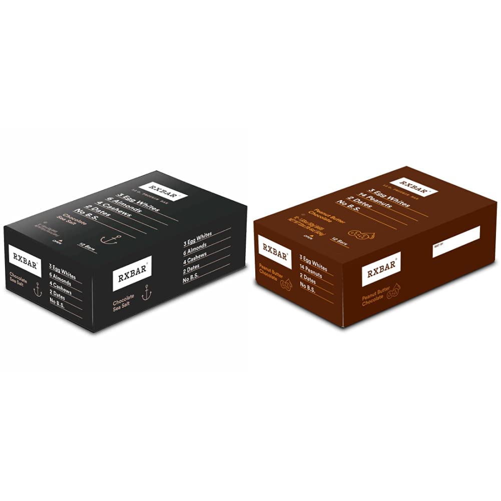 RXBAR Protein Bars, 12g Protein, Chocolate Sea Salt, 22oz Box (12 Bars) + RXBAR Protein Bars, 12g Protein, Peanut Butter Chocolate, 22oz Box (12 Bars)
