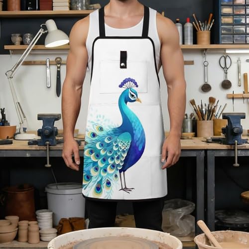 Delantal de trabajo azul con diseño de pavo real miniatura 4