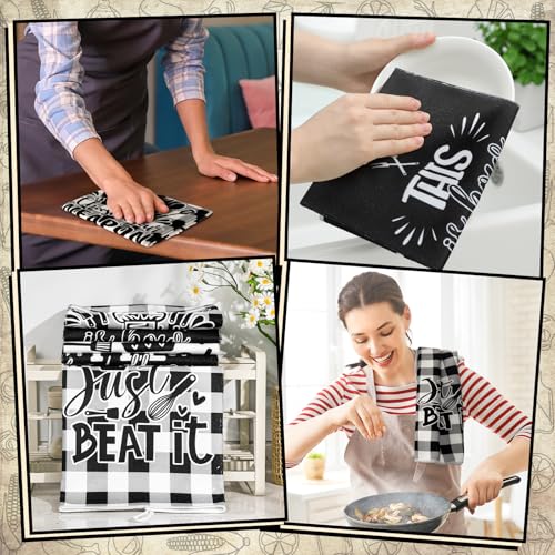 Image of Bencailor 6 Pcs Black White Plaid Kitchen Towels Decorative Sets Dish Towels Absorbent Fast Drying Hand Tea Vintage Hanging Reusable Cleaning Dishcloths for Cooking Farmhouse Bathroom Accessory