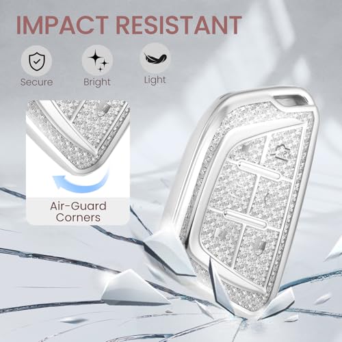 Image of Key Fob Cover for Cadillac escalade, Rhinestone Wristlet, White | Wear-resistant TPU shell, non-stretch rhinestone wristlet, daily splash, scratch and drop protection, normal signal use