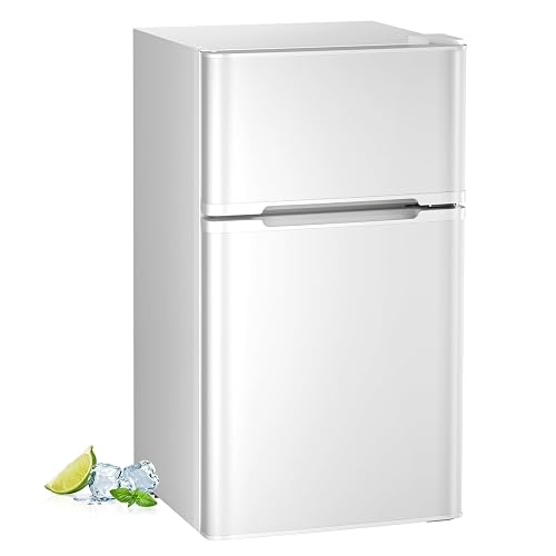 Havato 3.2 Cu.Ft Mini fridge with Freezer, Double Door Compact Refrigerator, Retro Mini Refrigerator for Dorm, Office, Bar, RV, Bedroom, (White) - White - 3.2 cu.ft