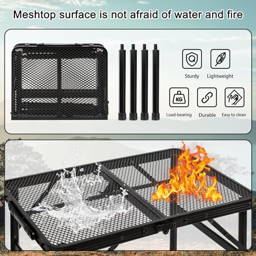 Grovind Folding Grill Table Camping Table with Mesh Desktop, Lightweight & Portable Outdoor Picnic Table, Height Adjustable Portable Grill Table for Outside Inside Use