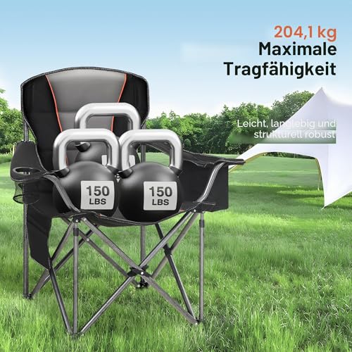 HIGH POINT SPORTS Campingstuhl Faltbar 200kg Klappstuhl Gepolstert mit Getränkehaltern Faltbarer Angelstuhl XXL mit Armlehnen, Schwarz
