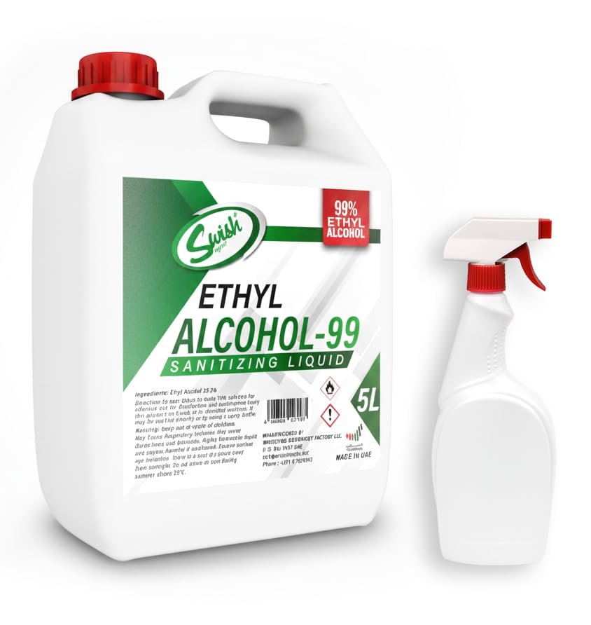 Swish Super Ethyl Alcohol 99% Hand Sanitizer Liquid 5 Litre + Free 800ml Spray Bottle Bulk Ethanol Sanitizing Solution for Hand & Surface Hygiene