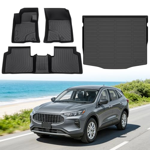 Floor Mats for Ford Escape 2020-2026 (Not for Hybrid) Custom Fit Heavy Duty TPE All Weather Protection Waterproof Non-Slip Black Car Liners for Front & Rear (Two-Row Floor Mats & Cargo Liner)