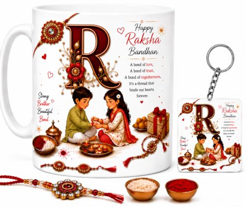 Image of Raksha Bandhan Alphabet R Coffee Mug with Matching Square Keychain | Includes Rakhi, Roli & Chawal | 350 ML Ceramic Printed Cup | Brother Sister Festival Collection
