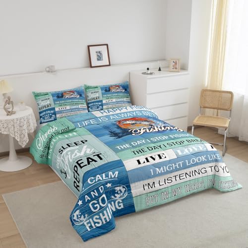 Image of Feelyou Kids Happy Camping Duvet Insert Twin Size, Big Pike Fish Comforter Set Boys Girls for Lake House Bedding Set RV Camping Teens Bedroom Decor with 1 Pillow Case