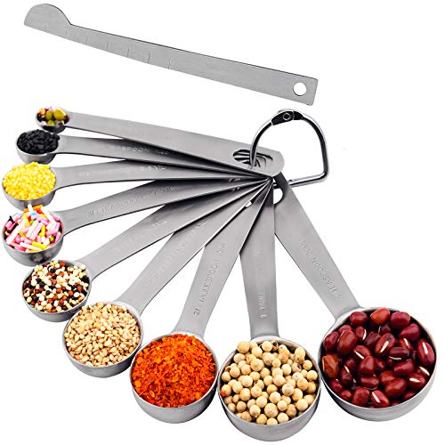 Measuring Spoons Set 9, 18/8 Metric & US Stainless Steel Measuring Spoons 1/8, 1/4, 1/2, 3/4, 1 tsp, 1/2, 2/3, 1 Tbsp, 4 Tsp. 1 Measurer Ingredient Leveler and 1 Locking Ring