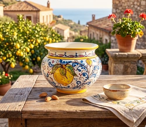Mondocreazioni Cachepot Vaso in Ceramica siciliana Realizzato e Decorato a Mano Santo Stefano di Camastra Art. Fiore Limoni D 15