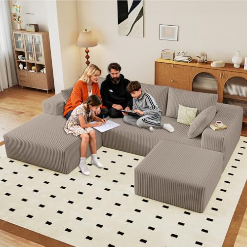 Image of 96 inch W Cloud Sectional Couch with Ottoman,Modern U-Shaped Cloud Couch with Deep Seat,Comfy Corduroy Sofa,Memory Foam Sofa for Living Room,No Assembly (Camel,Left-Facing Chaise)