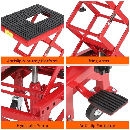 Image of Hydraulic Motorcycle Lift Jack Table, 350 lbs Capacity Heavy Duty Motorcycle Scissor Jack Lift with Wide Deck, J-Hooks, 4 Wheels, Hydraulic Foot Operated Jack Stand for ATV Dirt Bikes