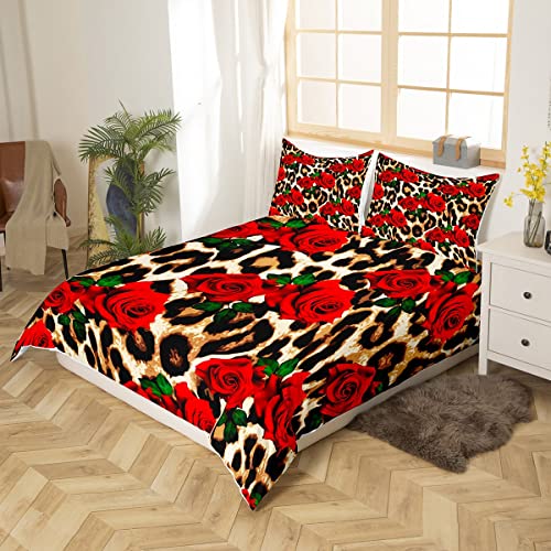 Leopard Print Duvet Cover Queen Size Rose Flower Bedding Set For Kids Girls Women Room Decor Red Floral Petal Pattern Comforter Cover Branches Green Leaf Cheetah Print Quilt Cover With 2 Pillow Case #TOP1