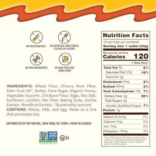 Image of Rip Van Wafels Honey and Oats Stroopwafels, Healthy Snacks, Non-GMO, Keto Friendly, Office Snacks, Low Sugar (3g), Low Calorie, 12 Pack