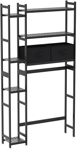 Vista 4 de Homde Over The Toilet Storage with Basket and Drawer, Bamboo Bathroom Organizer with Adjustable Shelf & Waterproof Feet Pad, Space Saver Rack for