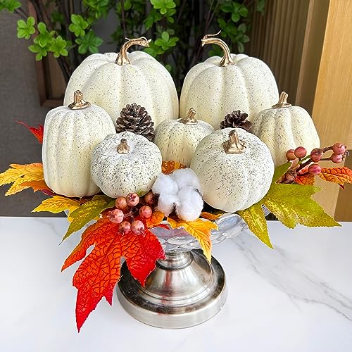 Image of Winlyn 7 Pcs Assorted Sizes Harvest Cream Artificial Pumpkins Faux Cream Pumpkins Foam Decorative Pumpkins for Fall Farmhouse Autumn Wedding Halloween Thanksgiving Rustic Harvest Table Centerpiece