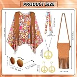 MOVINPE 70s Hippie Costume for Women Accessories Set, Tie Dye Flower Tassel Poncho Fringe Bags Headbands Sunglasses Peace Sign Necklace Earrings 60s Costume Halloween Retro Outfit