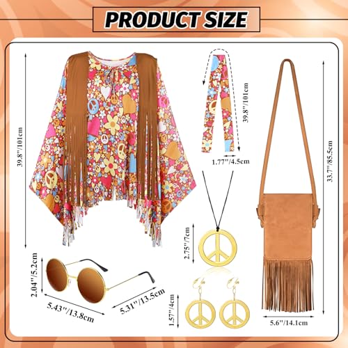 MOVINPE 70s Hippie Costume for Women Accessories Set, Tie Dye Flower Tassel Poncho Fringe Bags Headbands Sunglasses Peace Sign Necklace Earrings 60s Costume Halloween Retro Outfit