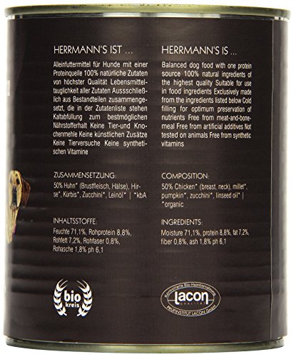 Herrmanns Bio Hundefutter Huhn Menu 2 mit Hirse, Kürbis, Zucchini 800 g, 6er Pack (6 x 800 g)