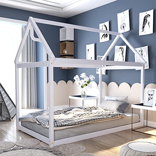 Komfott Twin House Bed Frame For Kids, Solid Wood Kids Platform Floor Bed With Roof & Multiple Slats, Toddler Floor Tent Bed Frame For Girls Boys, No Box Spring Needed (White) #TOP2