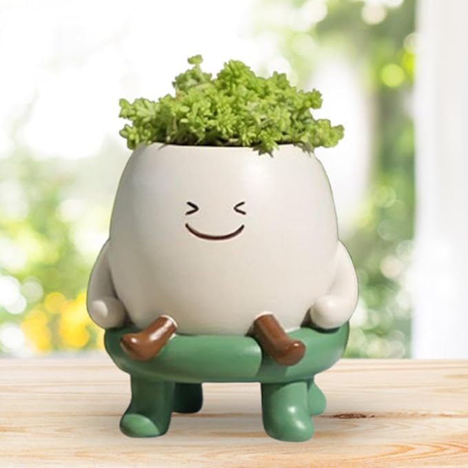 Image of Cute Face Plant Pot with Stool, Resin Head Planter for Indoor Plants, Cartoon Succulent Flower Pot for Home Decor, Living Room, Office Desk, Tabletop Decorative Planter