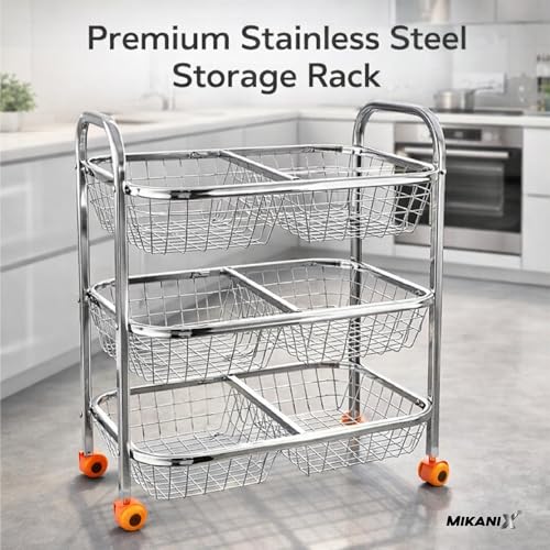 Image of MIKANIX Stainless Steel Vegetable & Fruit Storage Rack with Wheels, Kitchen Storage Basket Organizer, Rust Proof Stand for Onion, Potato, Fruits & Vegetables Trolley (3 Rack & 6 PARTITION)