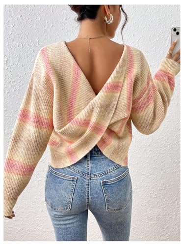 MakeMeChic Women's Striped Print Long Sleeve Sweaters Backless Twist Pullover Tops3