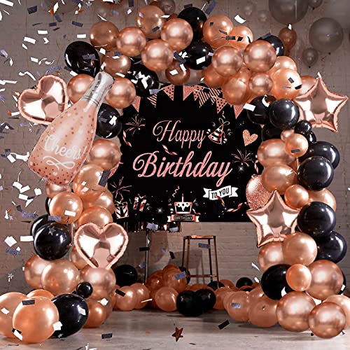 Winrayk 94Pcs Black Rose Gold Birthday Party Decorations For Women Girl Black Rose Gold Balloon Garland Arch Kit With Backdrop Tablecloth Champagne Star Love Foil Balloon Rose Gold Birthday Decoration #TOP6