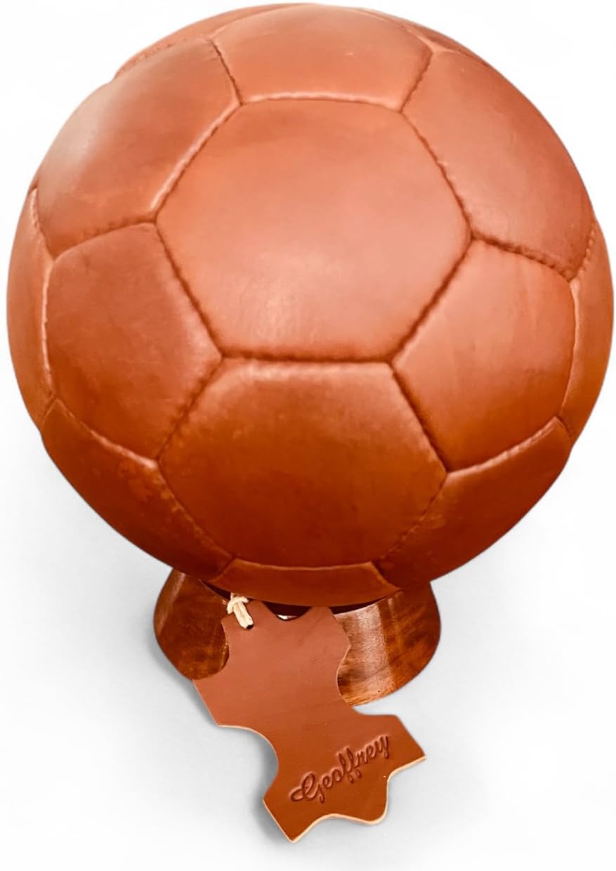 Geoffrey Vintage 32 Panel Soccer Ball 100% Cow Leather with Wooden Base | Tan & Dark Brown | White and Black | Antique Br I Tan I Size 5 | Retro Football (Tan)