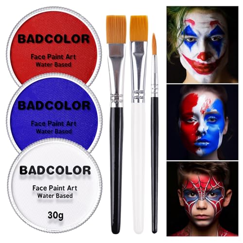 US Flag Red White and Blue Joker Face Body Paint, Water-Based Face Painting Kit with Brushes for America’s Patriotic Parades 4th of July USA Independence Day & Halloween Costume Clown Cosplay Makeup