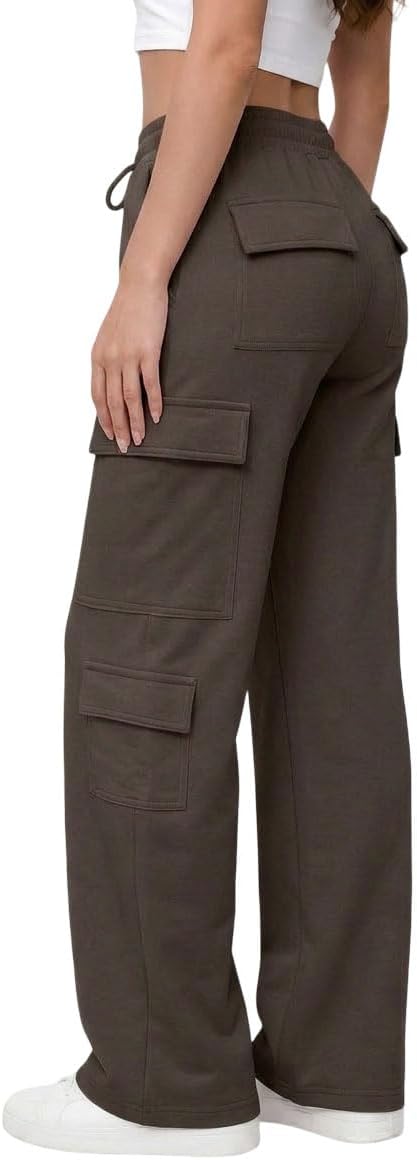 Womens Wide Leg Fleece Lined Cargo Sweatpants with Drawstring Waist & Pockets