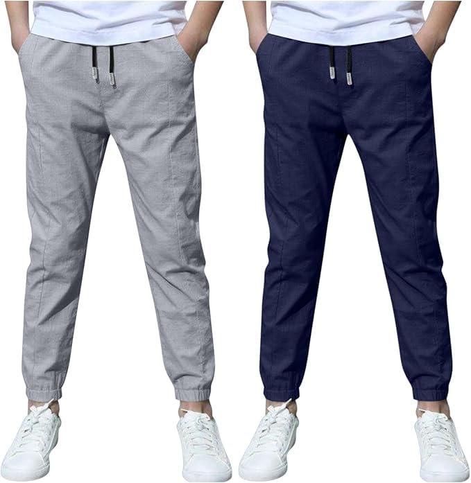 2 Pack Boys Linen Sweatpants Drawstring Jogger Trousers Casual Lightweight Athletic Pants for Kids School Uniform Pants