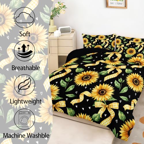 Image of AILONEN Black Sunflower Full Duvet Set 3 Piece, 1 Comforter + 2 Pillowcases, Bright Yellow Petals Olive Foliage Metallic Gold Ribbon Shapes for Modern Floral Guest Room