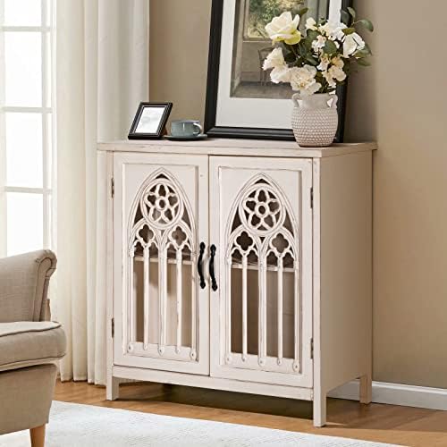 MAISON ARTS Accent Cabinet with 2 Doors, Decorative Storage Cabinet with Hollow Church Window Farmhouse Distressed Display Cabinet Kitchen Sideboard Buffet Cabinet for Entryway Living Room Bedroom