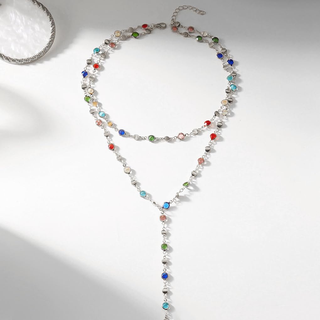 Colorful Rhinestone Long Necklaces for Women,Boho Small Crystal Drop Necklace,Boho Rhinestone Layered Necklaces - Image 4