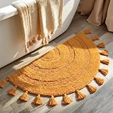 KOEXM Half Circle Boho Bathroom Rugs with Tassels 100% Cotton Hand-Woven Bath Rugs Non Slip Absorbent Crochet Rugs Machine Washable Boho Bath Mats for Bathroom Floor Tub